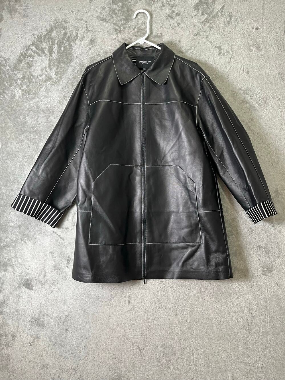 Lafayette 148 Black Leather Wool Coat Contrast Stitch Striped Cuff Jacket L New